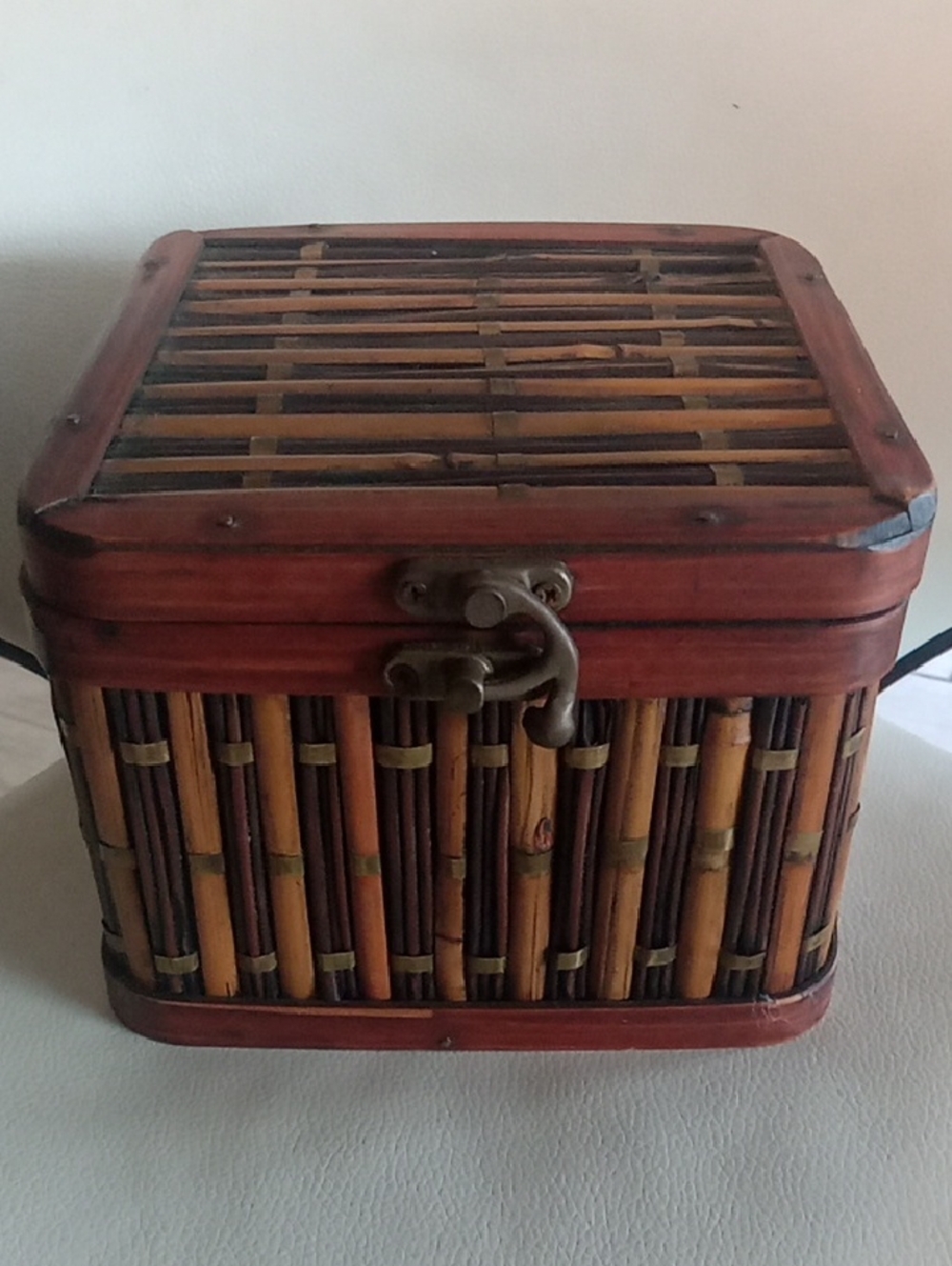 Vintage Brown and Tan Woven Bamboo Storage Chest